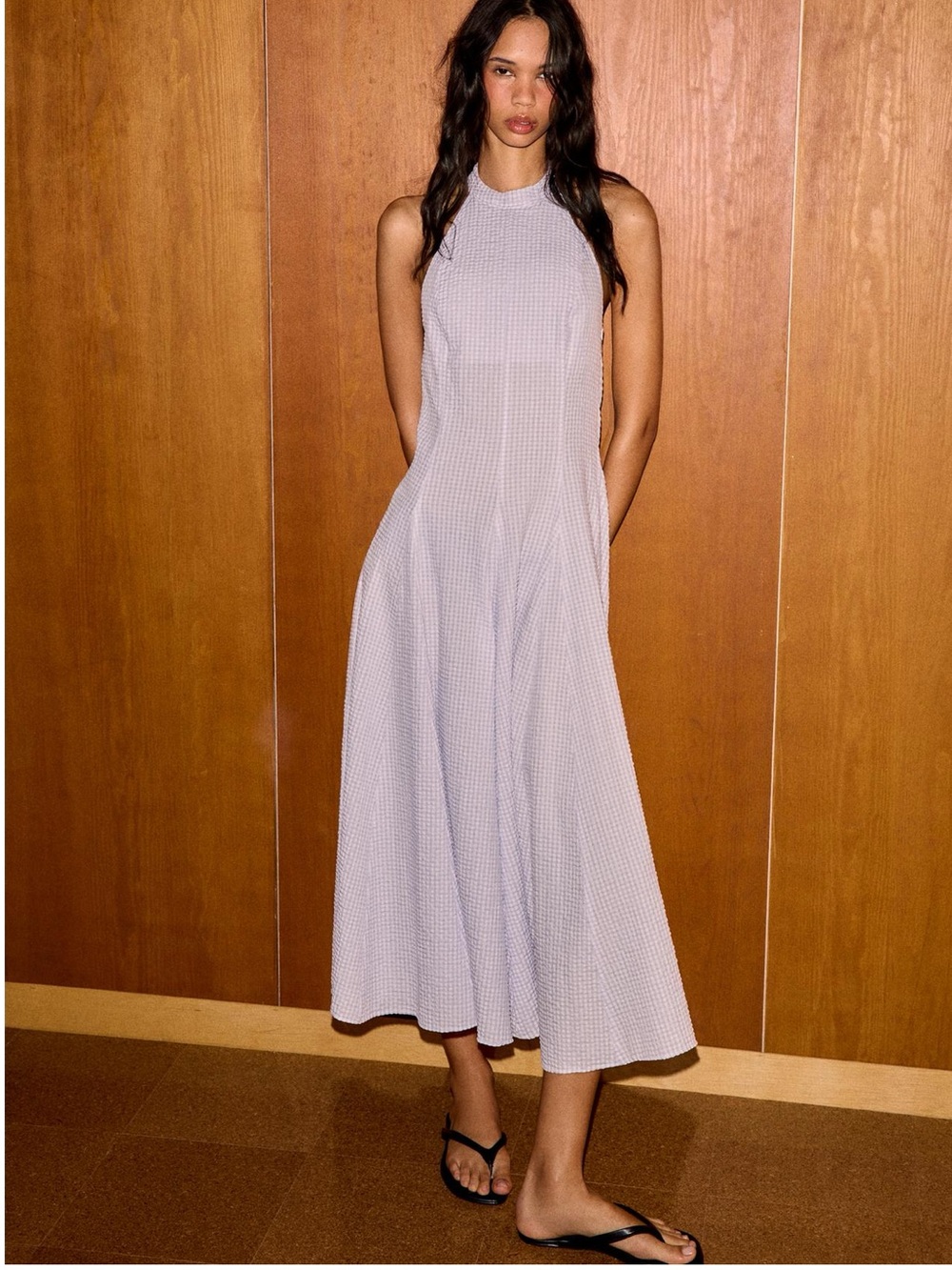 ZARA lilac and white gingham halter voluminous midi dress